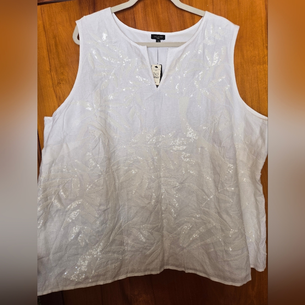Talbots 24W White Linen Micro-Sequined Bamboo Lined Tank Blouse Shirt Top Plus
